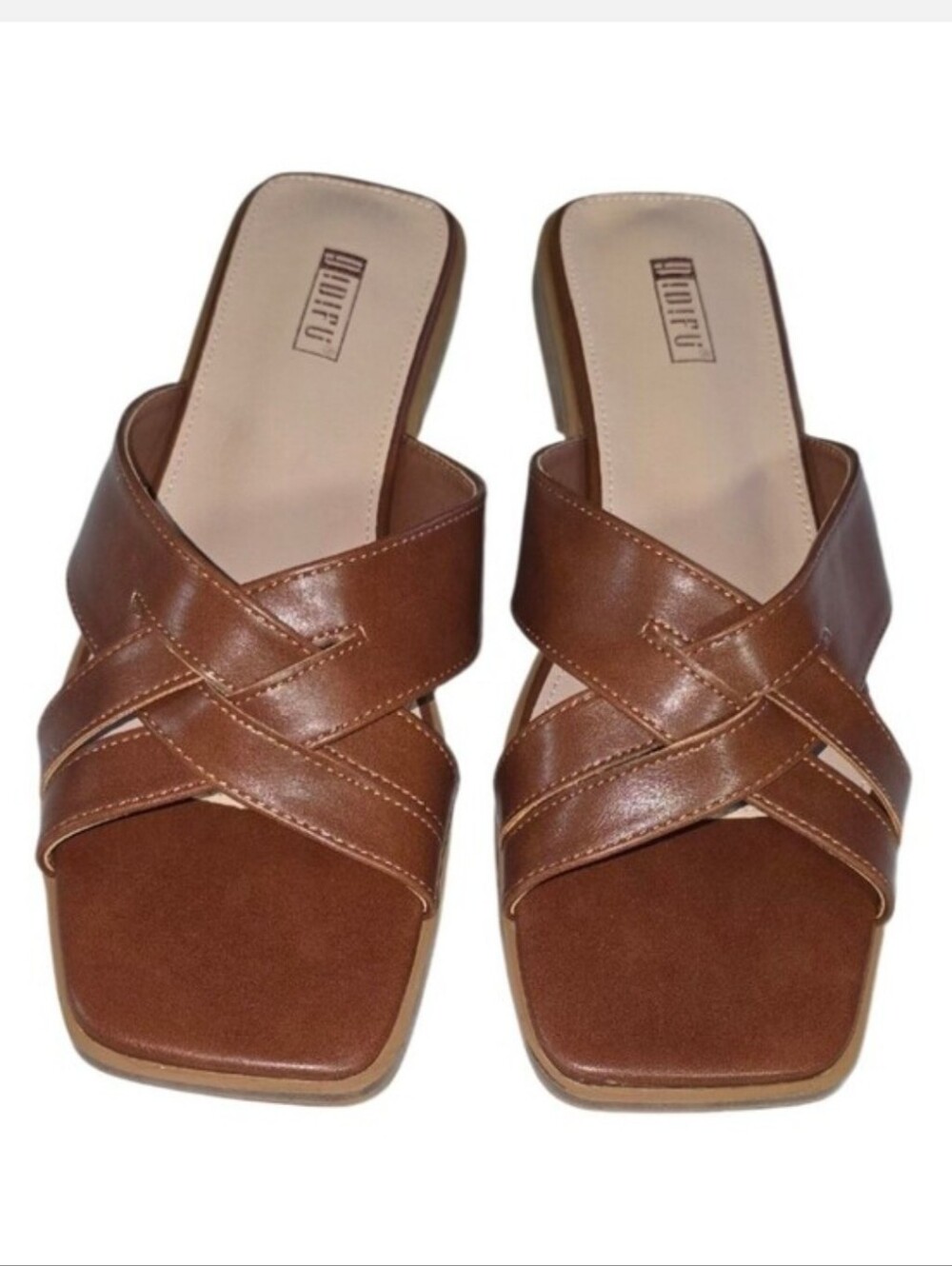 #013 IDIFU Brown Crisscross Square Toe Slide Mules